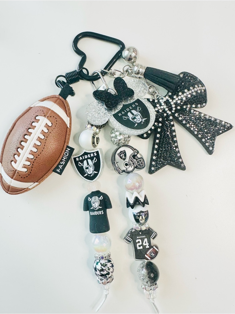 Raiders Black & Silver Beaded Football Keychain Charm